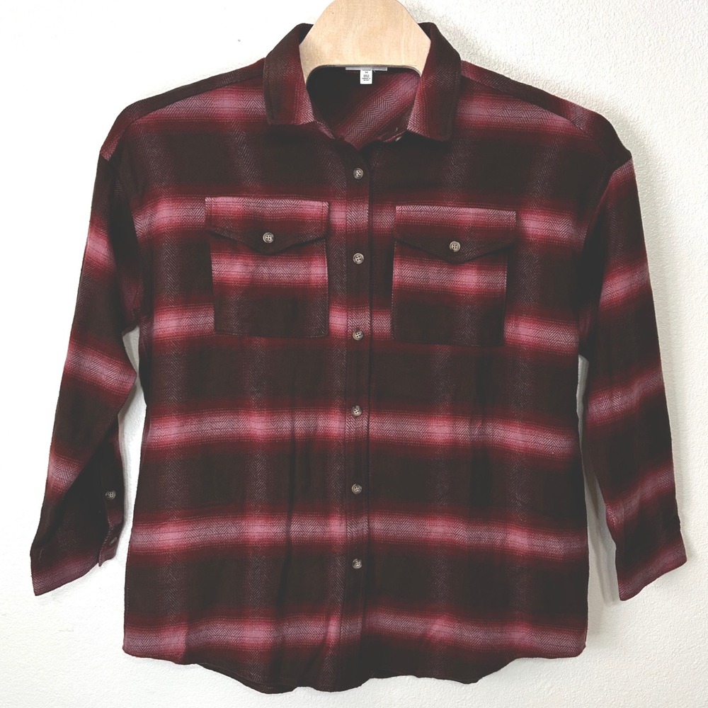 NWOT BP Women's M Brown Burgundy Plaid Flannel Shacket Oversized Cotton Grunge - Picture 2 of 7